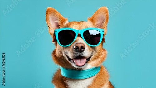 Portrait of adorable funny dog wearing sunglasses isolated on light cyan. Copyspace. © Rat Art