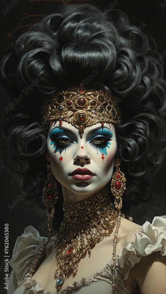 1970s dark fantasy book illustration art of a drag clown queen 1970s dark fantasy book illustration art of a drag clown queen