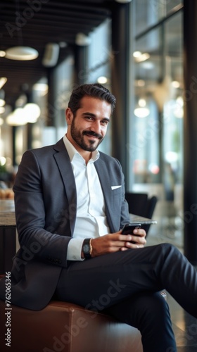 Professional man in business suit using smartphone. Fictional character created by Generated AI. 