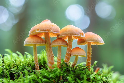 Macro photography of mushrooms in the forest with natural light and bokeh background. Beauty in nature.