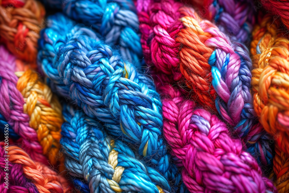 Macro photography of colorful wool yarn for knitting, vibrant textile fibers interweaving.