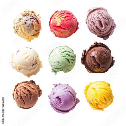 colorful scoops of ice cream in various flavors isolated on white