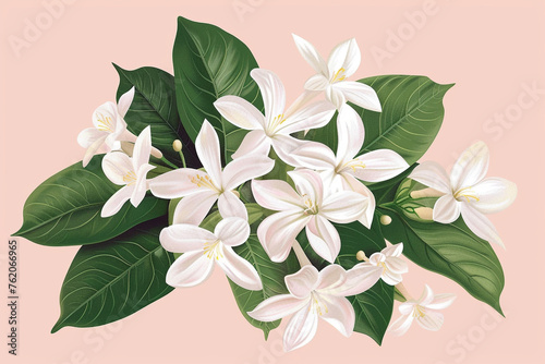 white jasmine with green leaves on a soft pink background