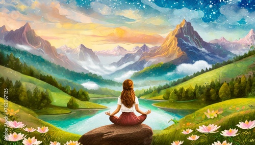 Frau meditiert in einer wunderschönen Landschaft photo