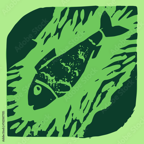 Abstract fish hand drawn illustration, water living emblem. Vector fishery drawing. Linoleum print texture. Aquatic wildlife logo design. Hydrous symbol design. Engraved fishing icon.