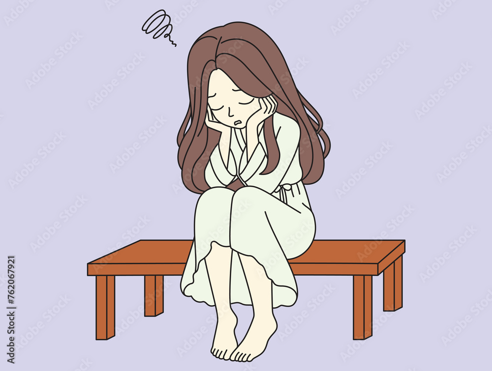 Sadness, mental depression, doubt concept. Young unhappy woman sitting touching head and feeling depressed with thoughts after negative events or having doubts about future Sadness, mental depression, doubt concept. Young unhappy woman sitting touching head and feeling depressed with thoughts after negative events or having doubts about future