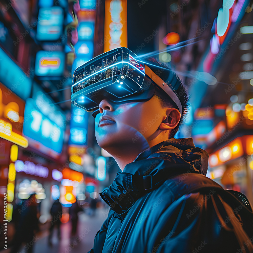 Futuristic Technology in Everyday Life: A person using augmented reality (AR) glasses to navigate a smart city, highlighting the integration of futuristic tech with daily activities.