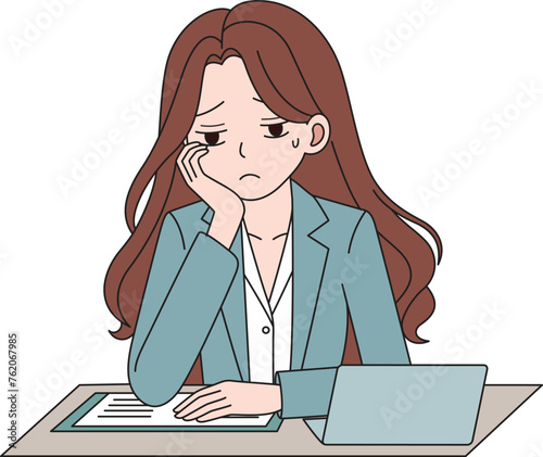 Stress, burnout, overwork concept. Young stressed businesswoman cartoon character witting touching head feeling worried, tired and overwhelmed vector illustration