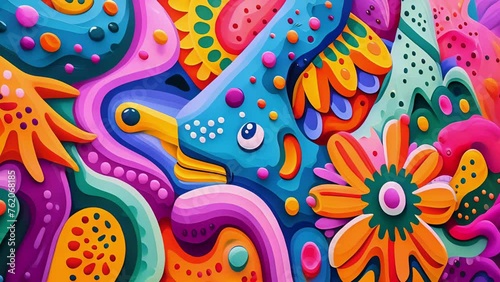 A colorful abstract mural with elements of traditional and contemporary art styles representing the fusion and evolution of street art around the world.