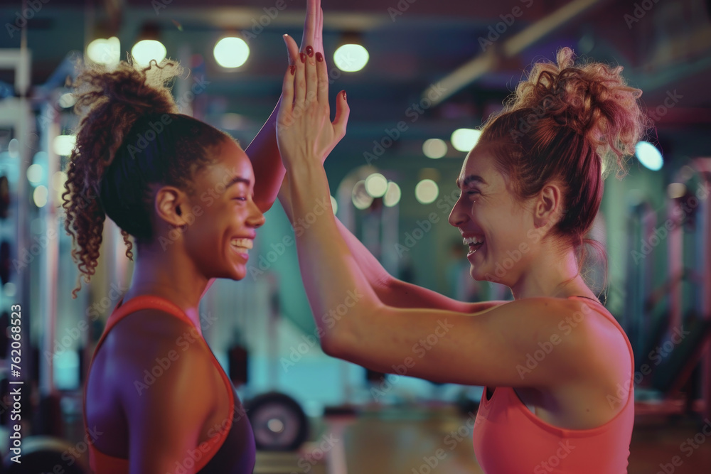 Two women doing a high five in the gym, a woman with blonde hair and sportswear smiling while making push up poses at the fitness center - obrazy, fototapety, plakaty 