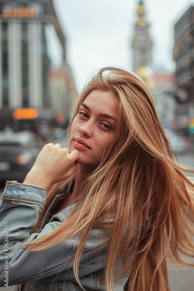 Fototapeta premium Young Blonde Woman Touching Her Hair on a Busy City Street at Daytime