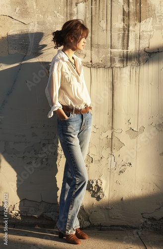 Young Woman in Casual Attire Leaning Against a Concrete Wall on a Sunny Afternoon