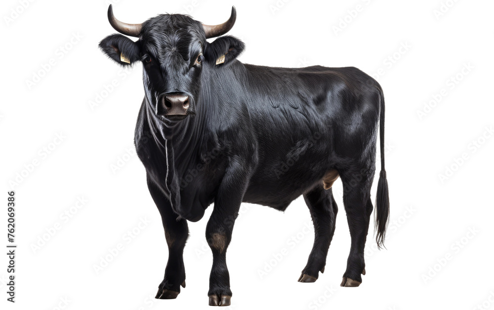 Black Cow With Horns Standing in Front of White Background. On a White or Clear Surface PNG Transparent Background.
