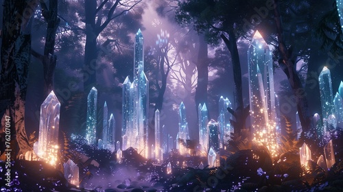 a journey through a crystalline forest, where towering structures of luminous crystal formations gleam in the gentle glow of bioluminescent flora,