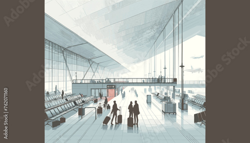Concept of an international airport with many people coming and going. Vector illustration.