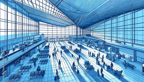 Concept of an international airport with many people coming and going. Vector illustration.