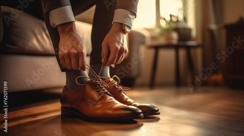 A Man Tying His Shoes, Ready to Start the Day
