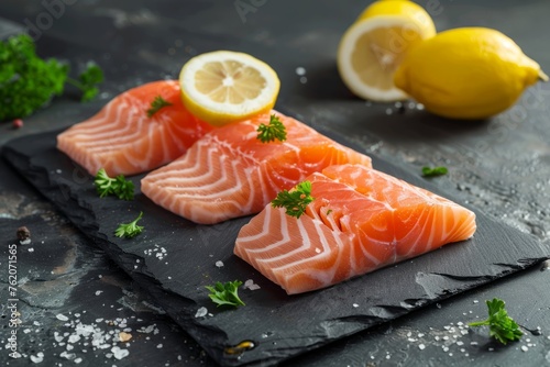Luxury Seafood Preparation: Salmon on Slate with Garnish