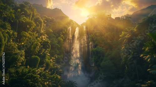 A majestic waterfall cascading down from a towering cliff, surrounded by lush vegetation and illuminated by the golden light of the setting sun.