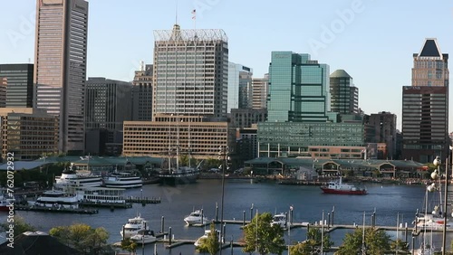 Aerial view of Baltimore's Inner Harbor. Cityscape in Background, Boats, Ferry and Luxury Yachts in Foreground. Fire Department Boat. Sunny Day. photo