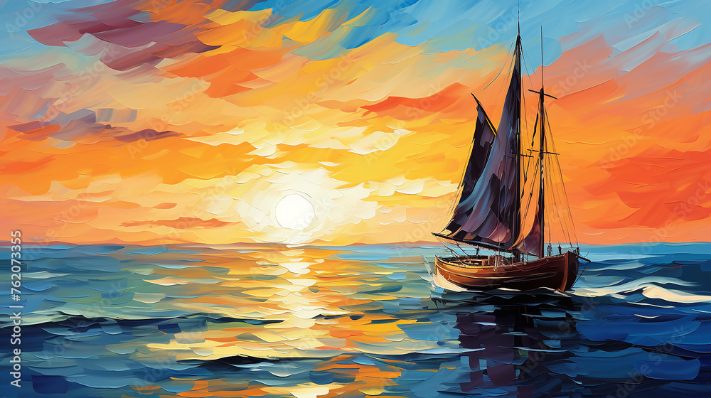 oil painting illustration wall poster modern with ocean and boat in sunset