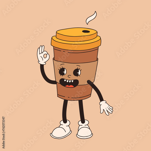 Retro cartoon coffee cup character. Mug mascot in different poses. 60s 70s 80s groovy contour vector illustration. Espresso, latte, cappuccino, black coffee cup.