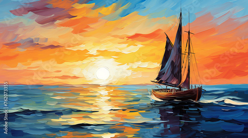 oil painting illustration wall poster modern with ocean and boat in sunset © Aura