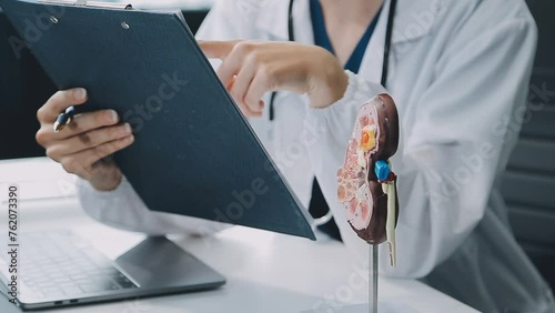 Doctor with human Pancreatitis anatomy model with Pancreas, Gallbladder, Bile Duct, Duodenum, Small intestine. Pancreatic cancer, Acute and Chronic pancreatitis, Digestive system and Health concept photo