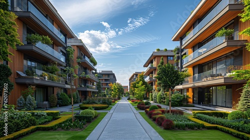 Modern urban landscape with new residential buildings and green surroundings in the city.