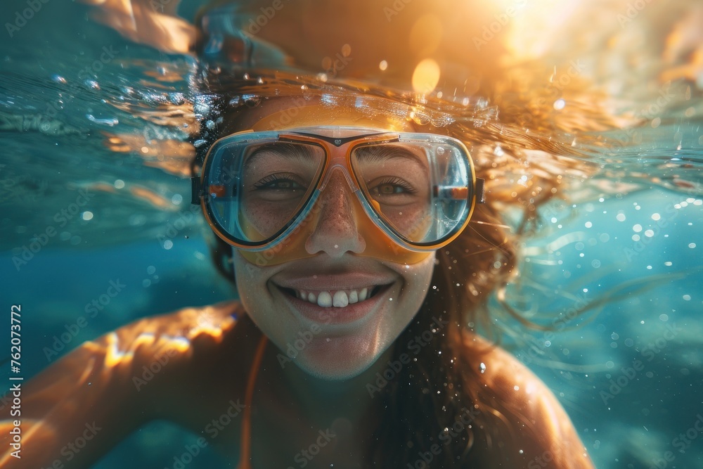 A woman is smiling while wearing a pair of orange goggles and swimming in the ocean. Concept of joy and excitement as the woman enjoys her time in the water
