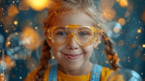 A humorous young girl conducting experiments in a lab with a blast, exploring science and learning.