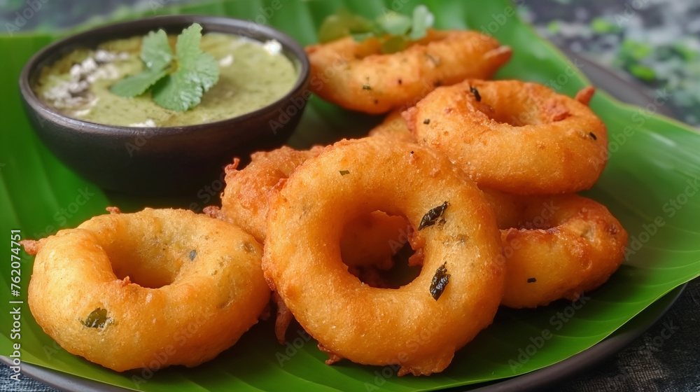 Deep-fried, crispy Medu Vada served on a banana leaf with sambhar and coconut chutney Deep-fried, crispy Medu Vada served on a banana leaf with sambhar and coconut chutney