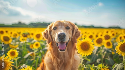 Cheerful Golden Retriever frolicking through a blooming sunflower field on a sunny summer day and a bright blue sky created with Generative AI Technology