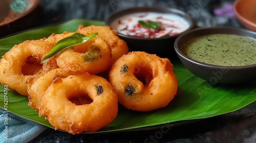 Deep-fried, crispy Medu Vada served on a banana leaf with sambhar and coconut chutney photo