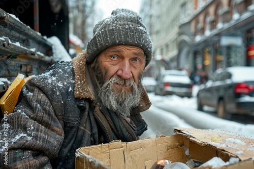 Bearded Man Standing Next to Box photo