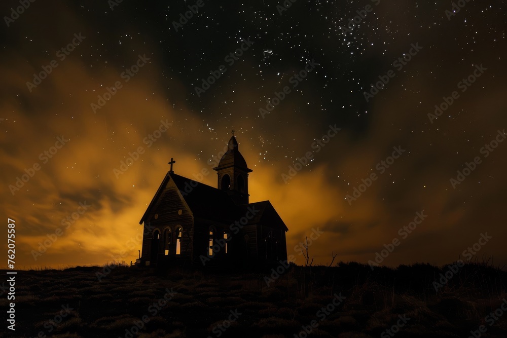 Abandoned church silhouette with smoke rising under a starry night mystery.