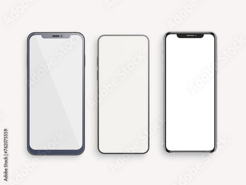 Three smartphones with blank screens isolated on a white backdrop, showcasing modern design and technology.