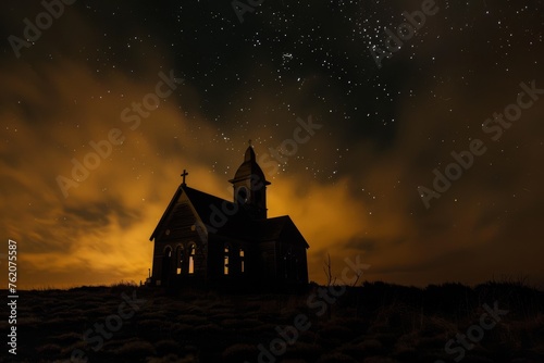 Abandoned church silhouette with smoke rising under a starry night mystery.