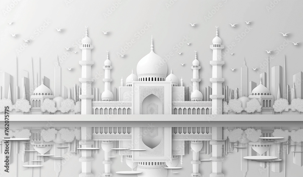 Ramadan rahib design card image and islamic mosque cityscape arabic. Ramadan kareem concept