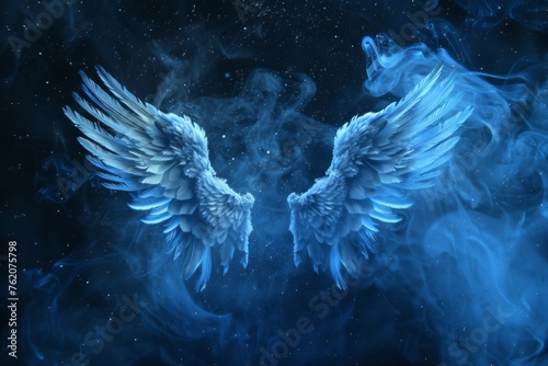 Angel wings with smoke effect against a starry night backdrop.