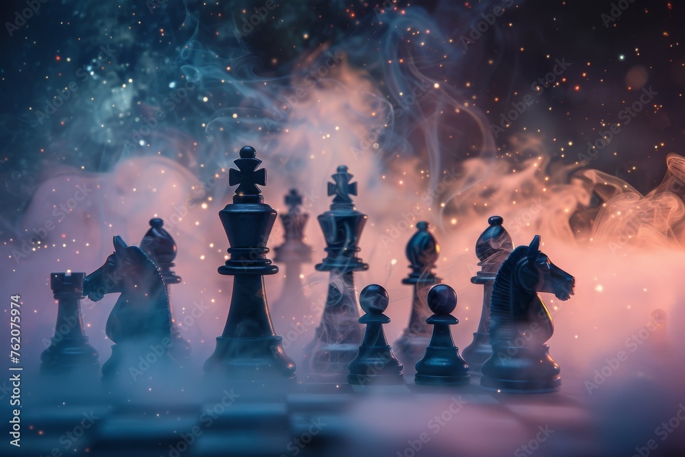 Chess pieces with mystical smoke under a starry night theme.