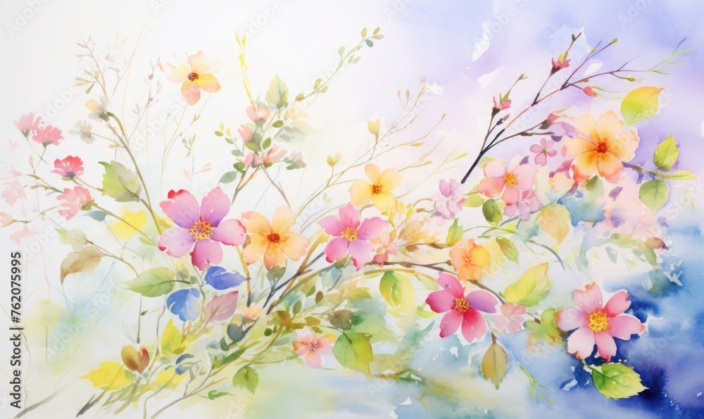 Vibrant watercolor artwork of beautiful flowers, embracing the spring concept
