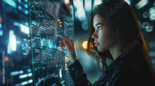 Professional woman interacting with futuristic touchscreen interface in a high-tech environment. photo