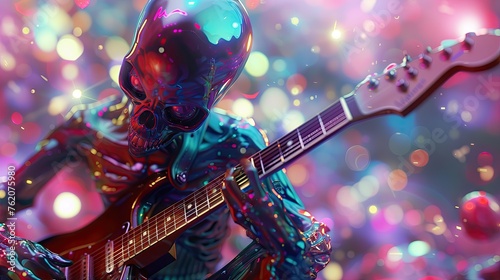 Cybernetic Rock Symphony, cybernetic, skeleton, electric, guitar, vibrant, lights, musical, energy, dynamic, striking, colorful, glitter, rock, futuristic, metal, shimmer, performance, artistic