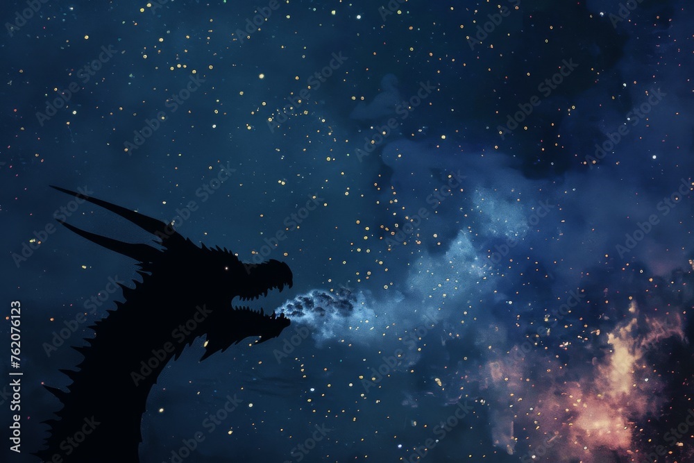 Dragon silhouette with smoke breath against a starry night background.