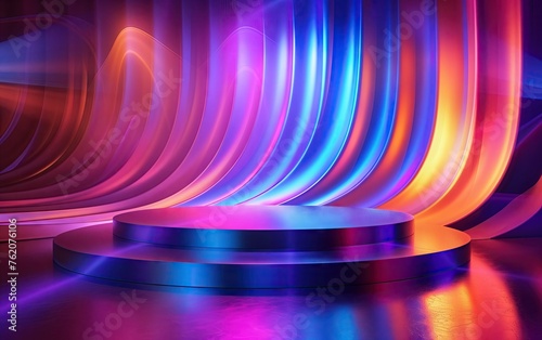 Vibrant Spectrum Stage, stage, vibrant, colors, backdrop, modern, performance, presentation, curved, lines, light, reflection, shiny, circular, platform, design, bright, neon, glow, luminescent