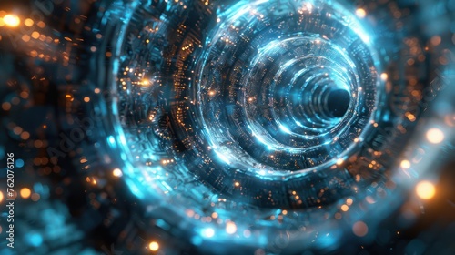 Abstract digital wormhole, futuristic science fiction tunnel, blue glowing light with sparkling effects.