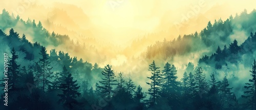 Mystic Dawn in the Misty Forest, misty, forest, sunrise, serene, tranquil, trees, nature, light, dawn, ethereal, beauty, pine, morning, fog, landscape, scenic, wilderness, peaceful, sunlight, rays