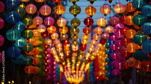 Festival of Lanterns, lanterns, colorful, festival, lights, night, vibrant, street, display, warm, glow, inviting, celebration, traditional, hanging, decorative, bright, illumination, red, blue, green