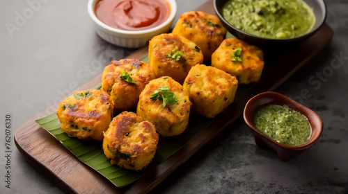 Paneer pakora, a famous Indian snack, served on a cheese board with dips, on a grey background